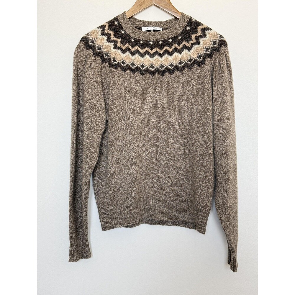 FRAME Sweater Womens Medium Brown Mushroom Heather Fair Isle Wool Blend Crewneck